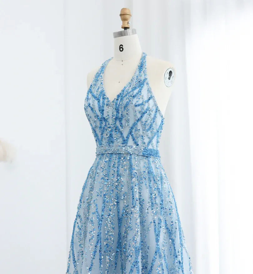 Sky Blue Sequin Halter V-Neck Open Back A-Line Maxi Gown