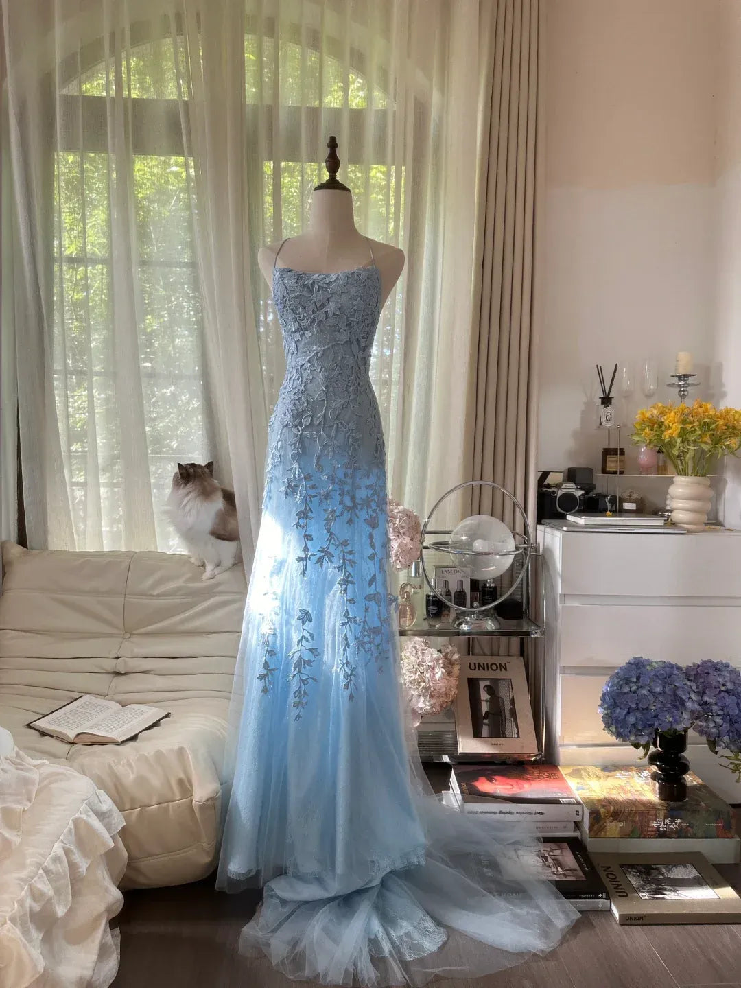 Sky Blue Spaghetti Strap Floral Lace Mermaid Gown with Crisscross Open Back