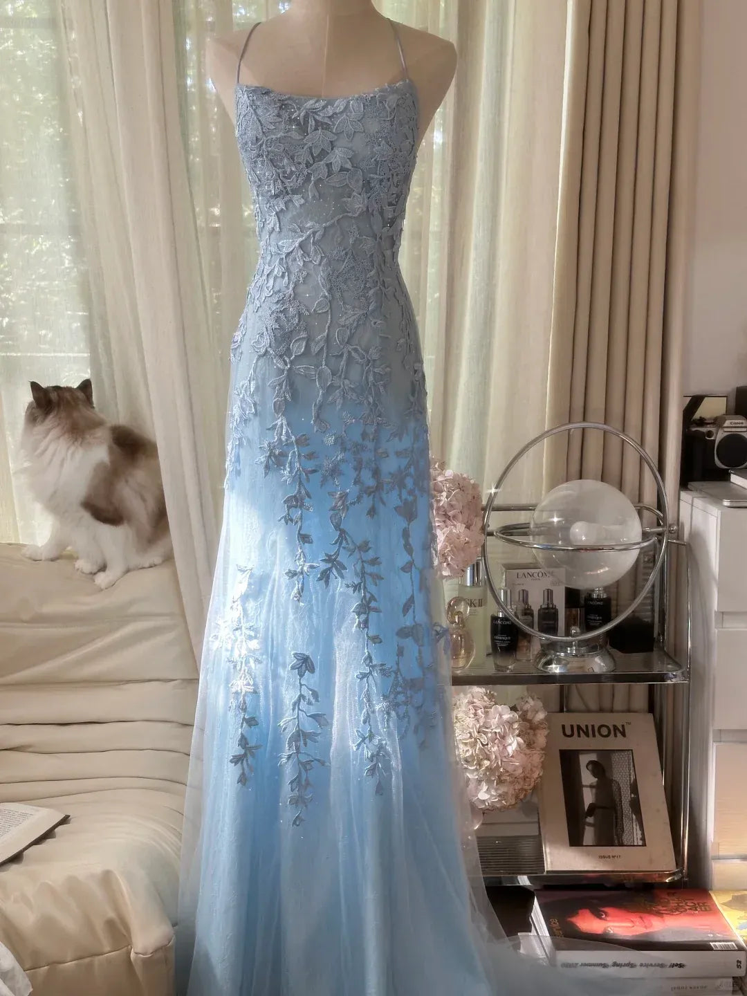 Sky Blue Spaghetti Strap Floral Lace Mermaid Gown with Crisscross Open Back