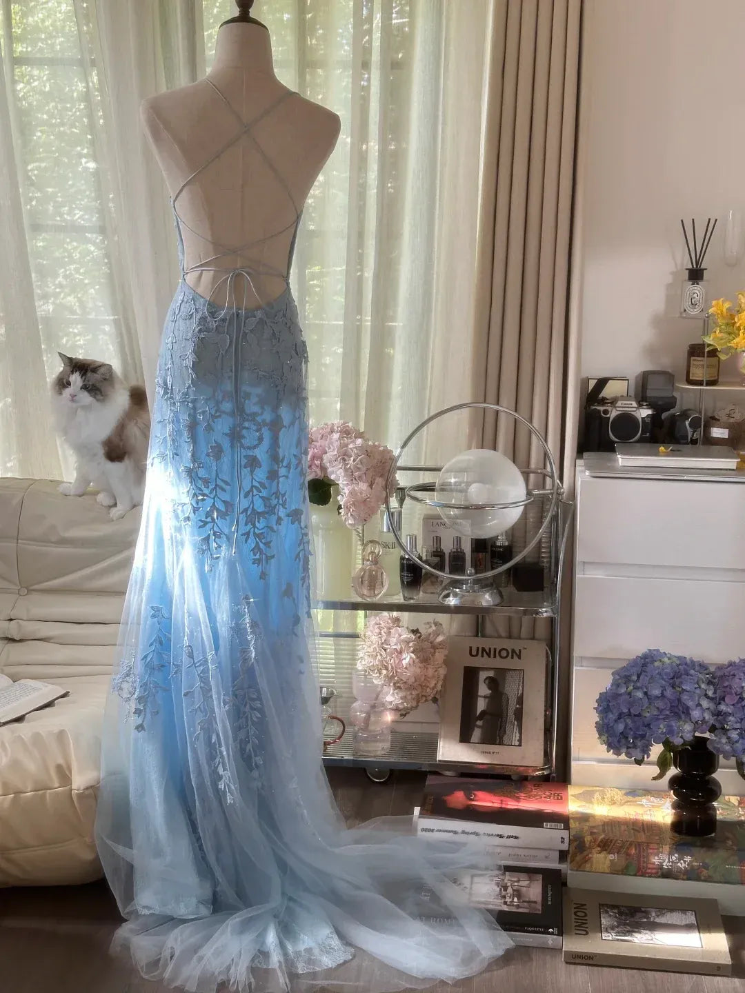 Sky Blue Spaghetti Strap Floral Lace Mermaid Gown with Crisscross Open Back