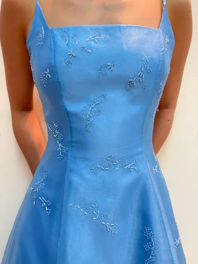 Sky Blue Spaghetti Strap Square Neck Open Back Beaded Lace Tulle A-Line Maxi Gown with Train