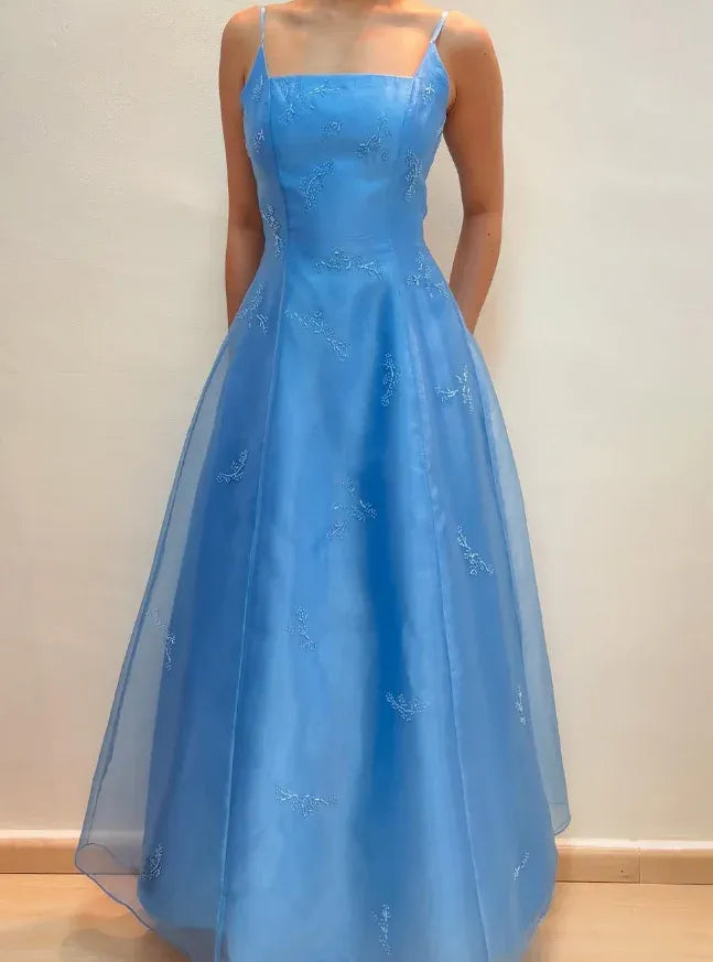 Sky Blue Spaghetti Strap Square Neck Open Back Beaded Lace Tulle A-Line Maxi Gown with Train