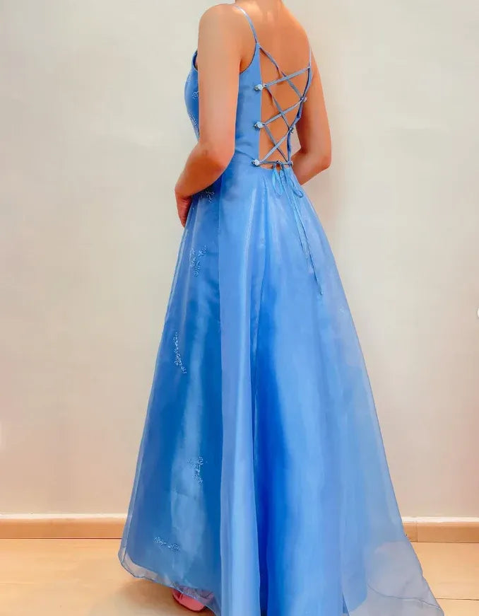 Sky Blue Spaghetti Strap Square Neck Open Back Beaded Lace Tulle A-Line Maxi Gown with Train