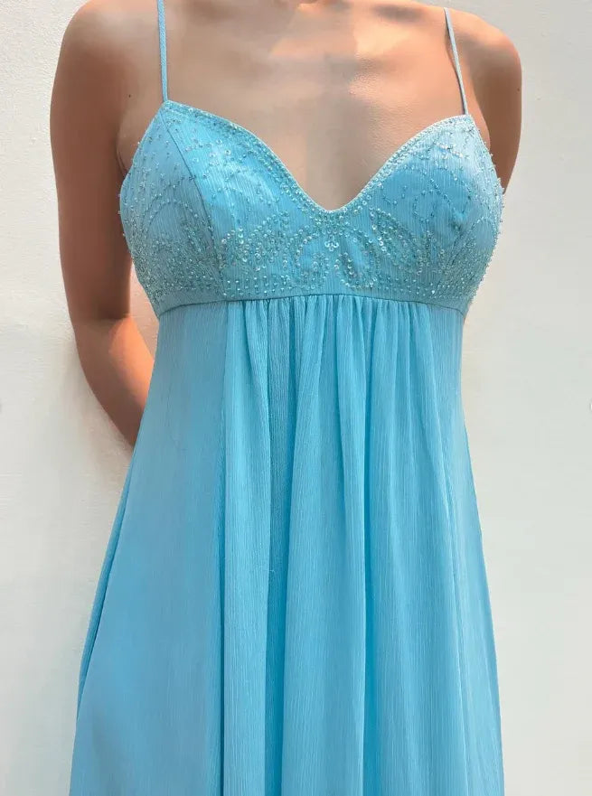 Sky Blue Spaghetti Strap Sweetheart Beaded Empire Waist Maxi Gown