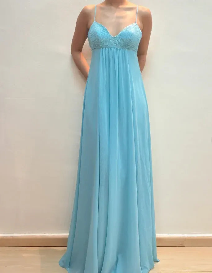 Sky Blue Spaghetti Strap Sweetheart Beaded Empire Waist Maxi Gown