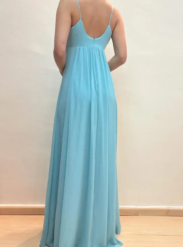 Sky Blue Spaghetti Strap Sweetheart Beaded Empire Waist Maxi Gown