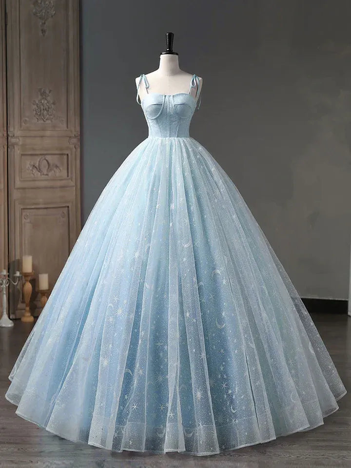 Sky Blue Starry Tulle Ball Gown with Lace-Up Back