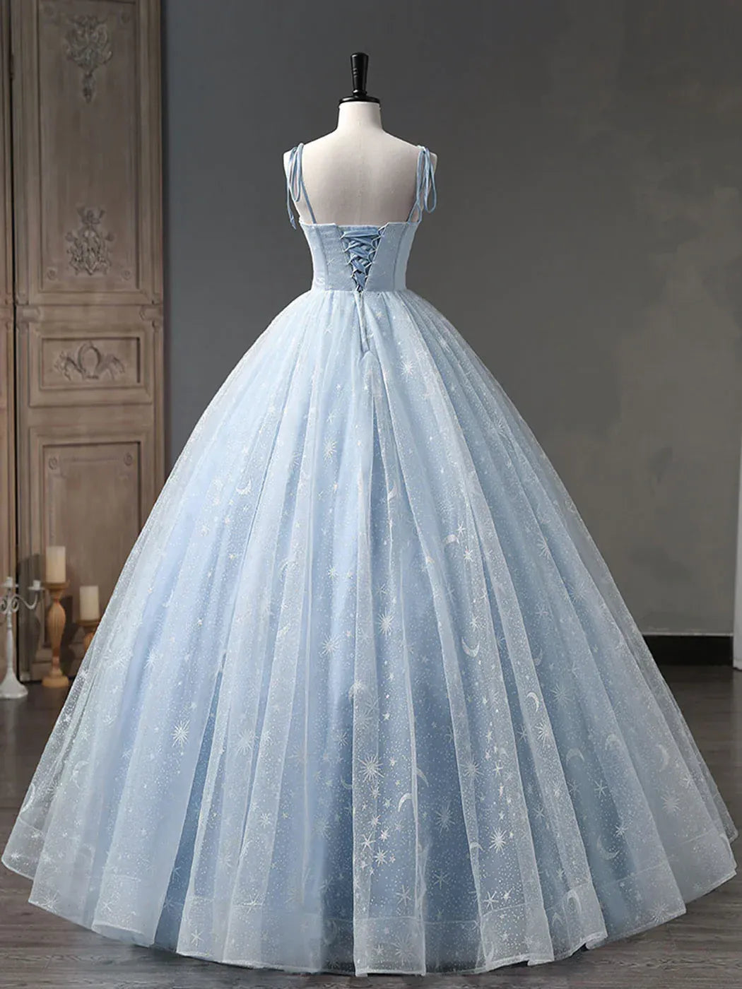 Sky Blue Starry Tulle Ball Gown with Lace-Up Back