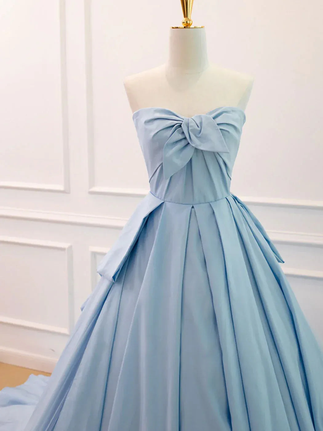 Sky Blue Strapless Bow Satin Tulle A-Line Ball Gown with Lace-Up Back