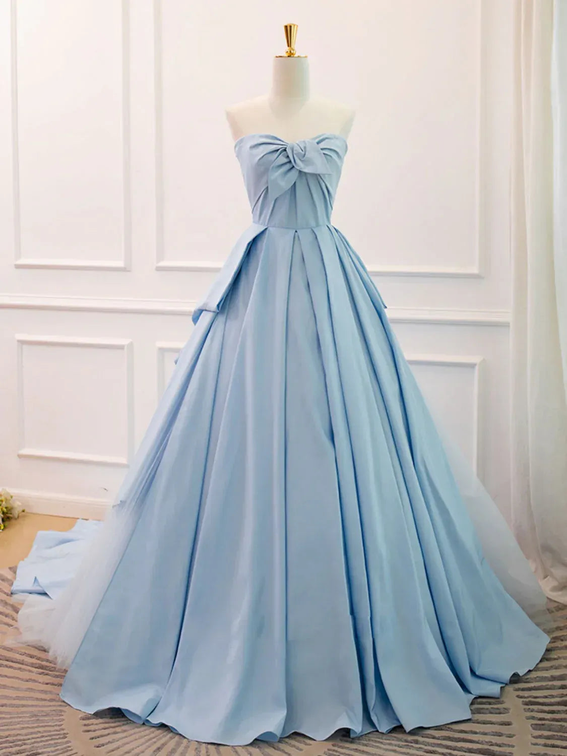 Sky Blue Strapless Bow Satin Tulle A-Line Ball Gown with Lace-Up Back