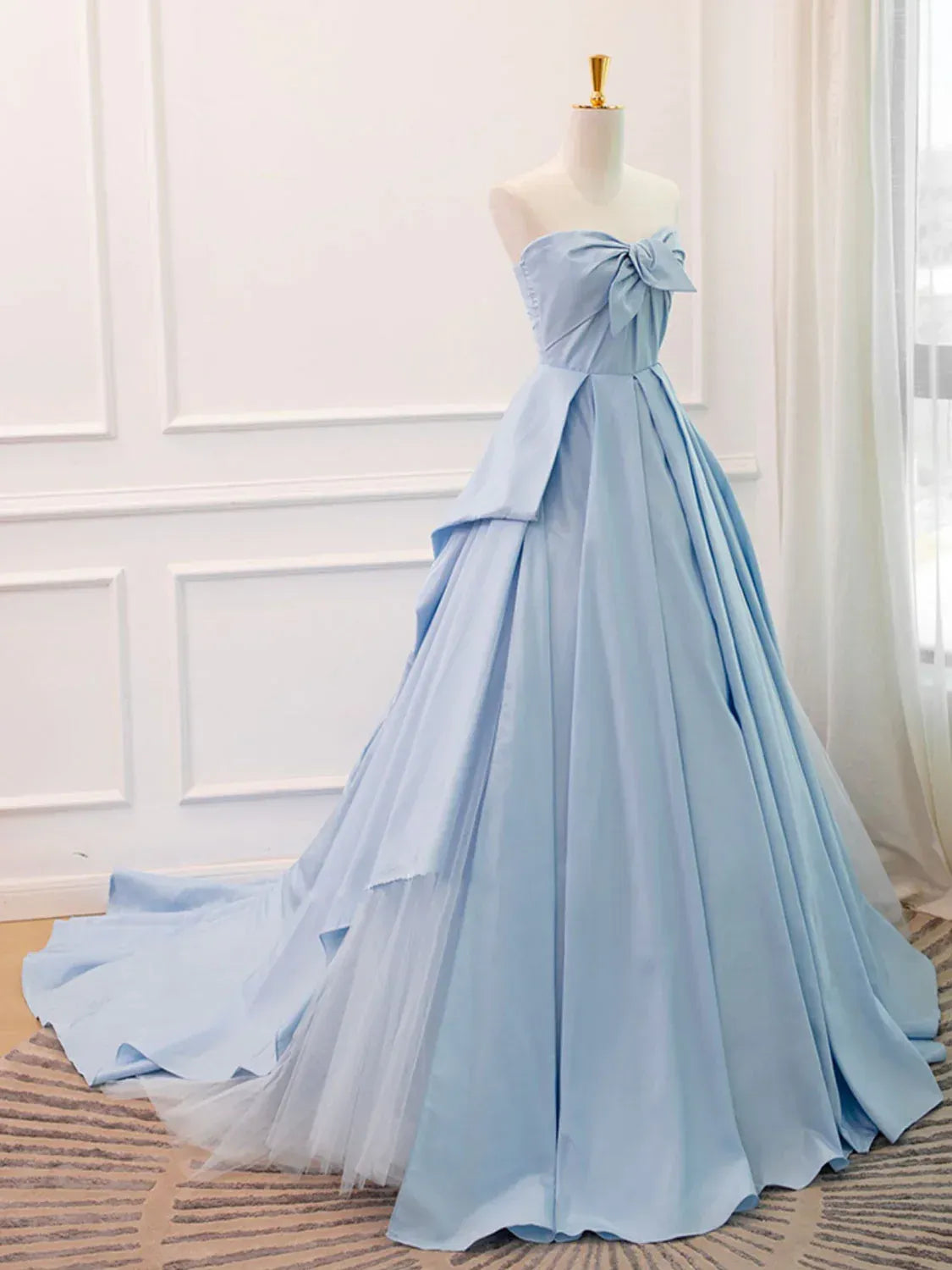 Sky Blue Strapless Bow Satin Tulle A-Line Ball Gown with Lace-Up Back