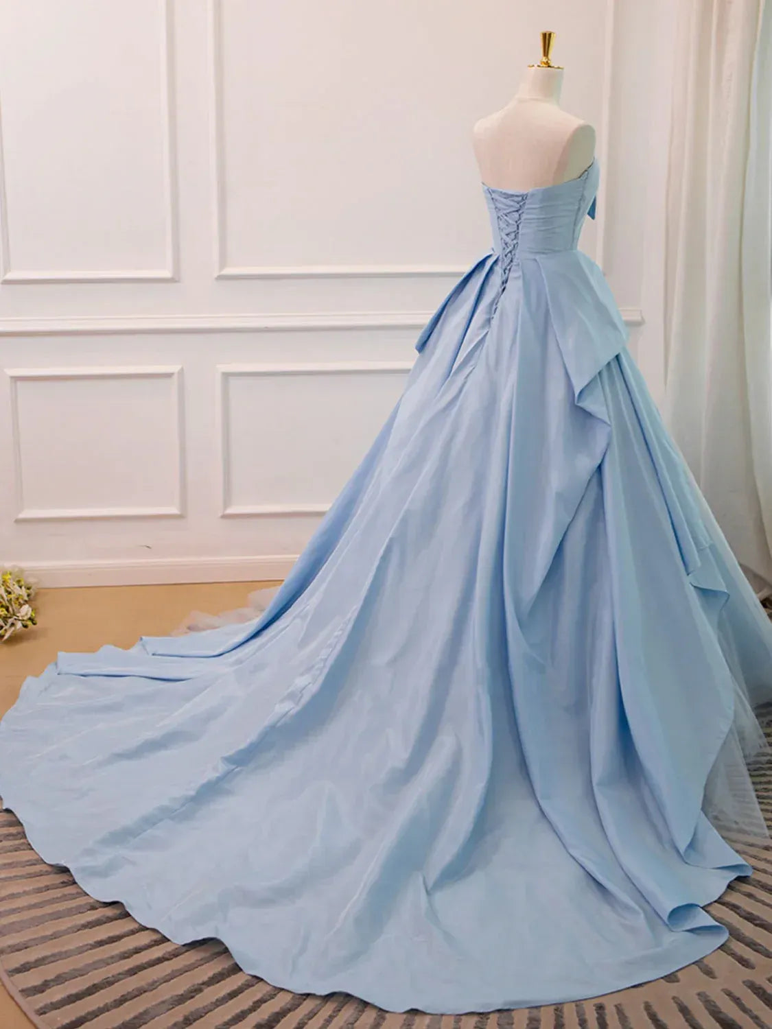 Sky Blue Strapless Bow Satin Tulle A-Line Ball Gown with Lace-Up Back