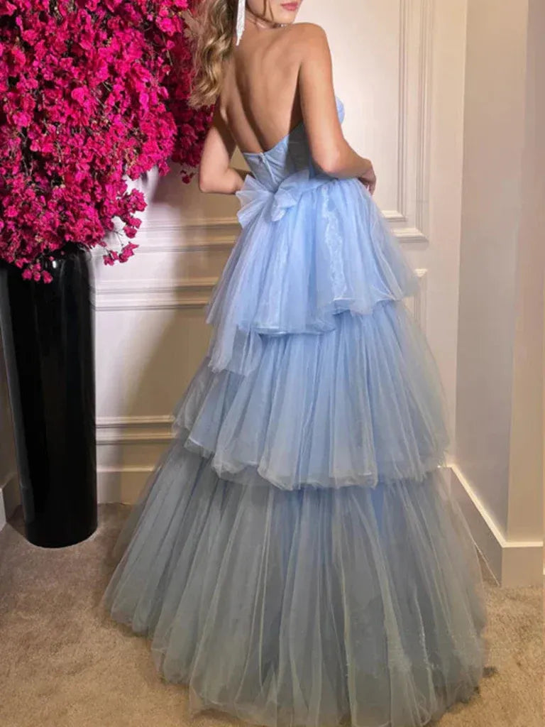 Sky Blue Strapless Corset Tiered Tulle A-Line Prom Gown with Back Bow