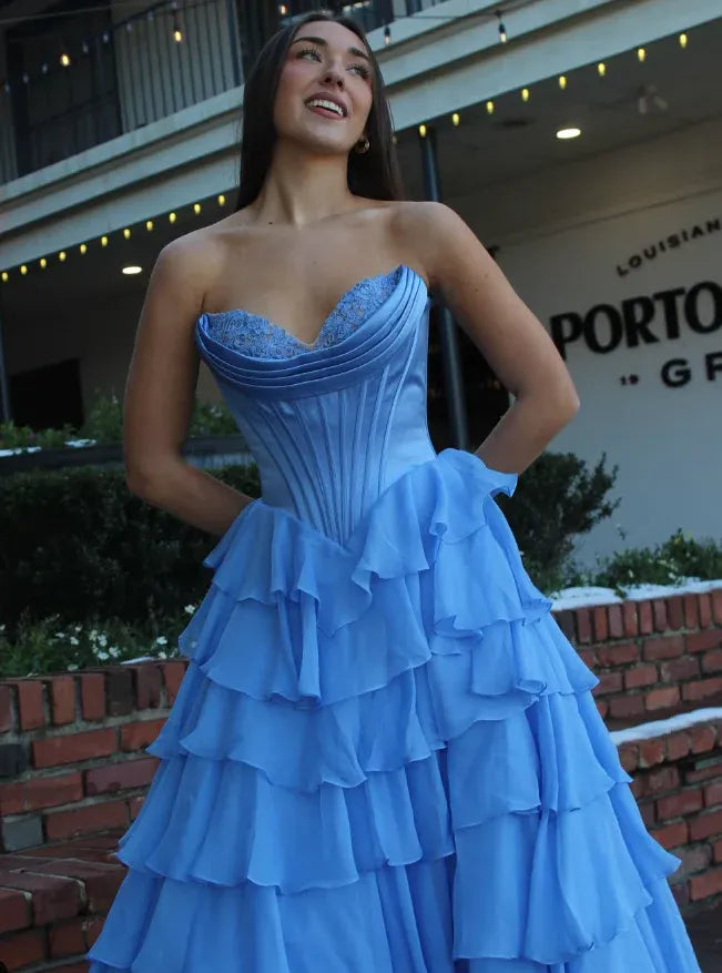 Sky Blue Strapless Lace Corset Tiered Ruffle Ball Gown
