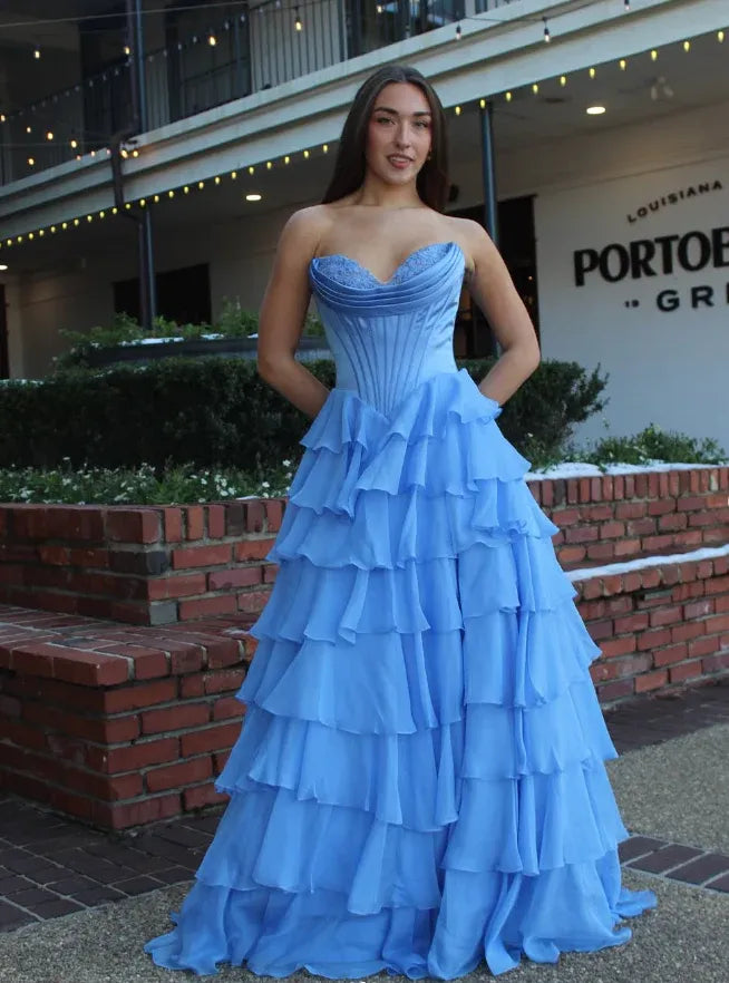 Sky Blue Strapless Lace Corset Tiered Ruffle Ball Gown