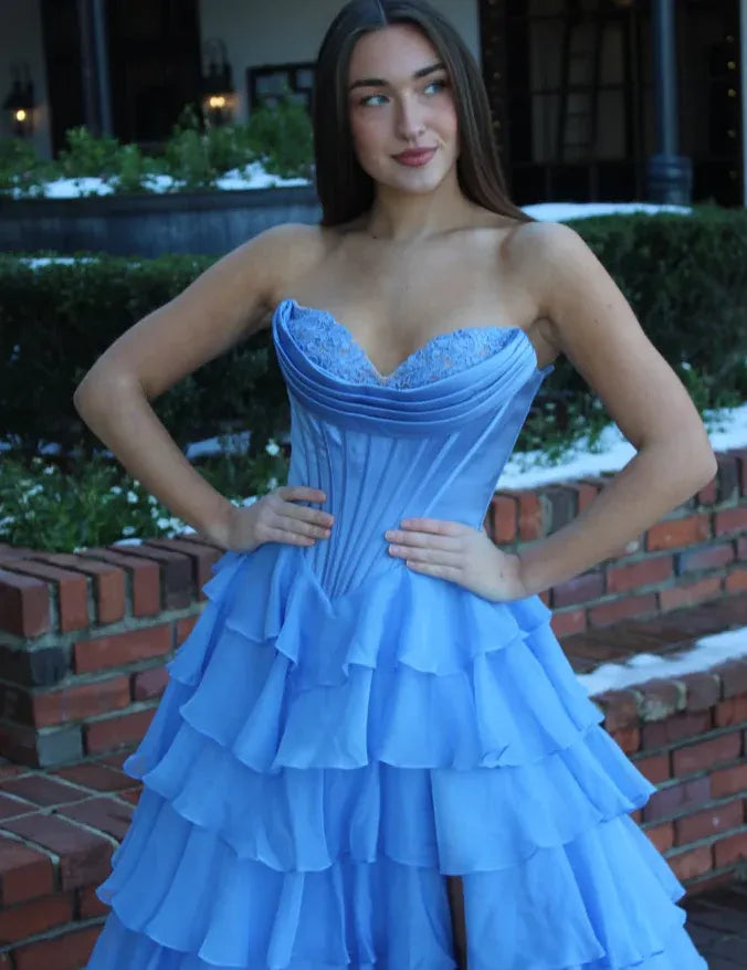 Sky Blue Strapless Lace Corset Tiered Ruffle Ball Gown