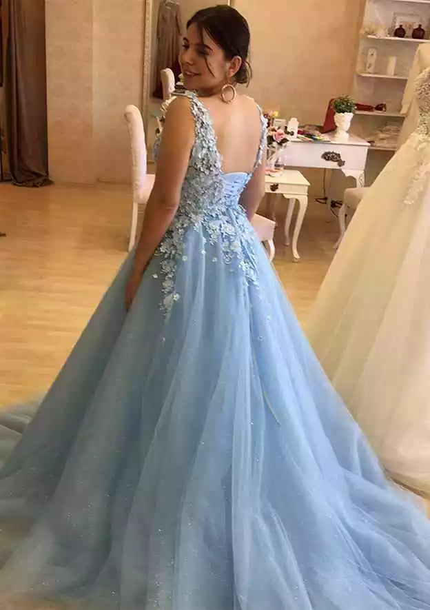Sky Blue Tulle Floral-Embellished Ball Gown – Romantic & Whimsical Evening Party Dress