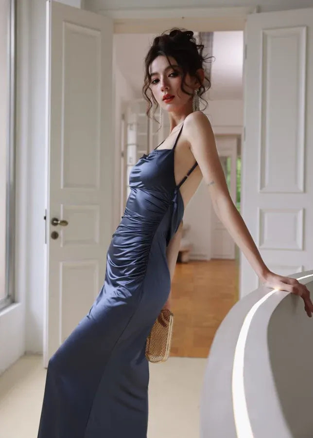Slate Blue Satin Spaghetti Strap Mermaid Gown – Cowl Neck Backless Evening Dress with Lace TrimSlate Blue Satin Spaghetti Strap Mermaid Gown – Cowl Neck Backless Evening Dress with Lace Trim