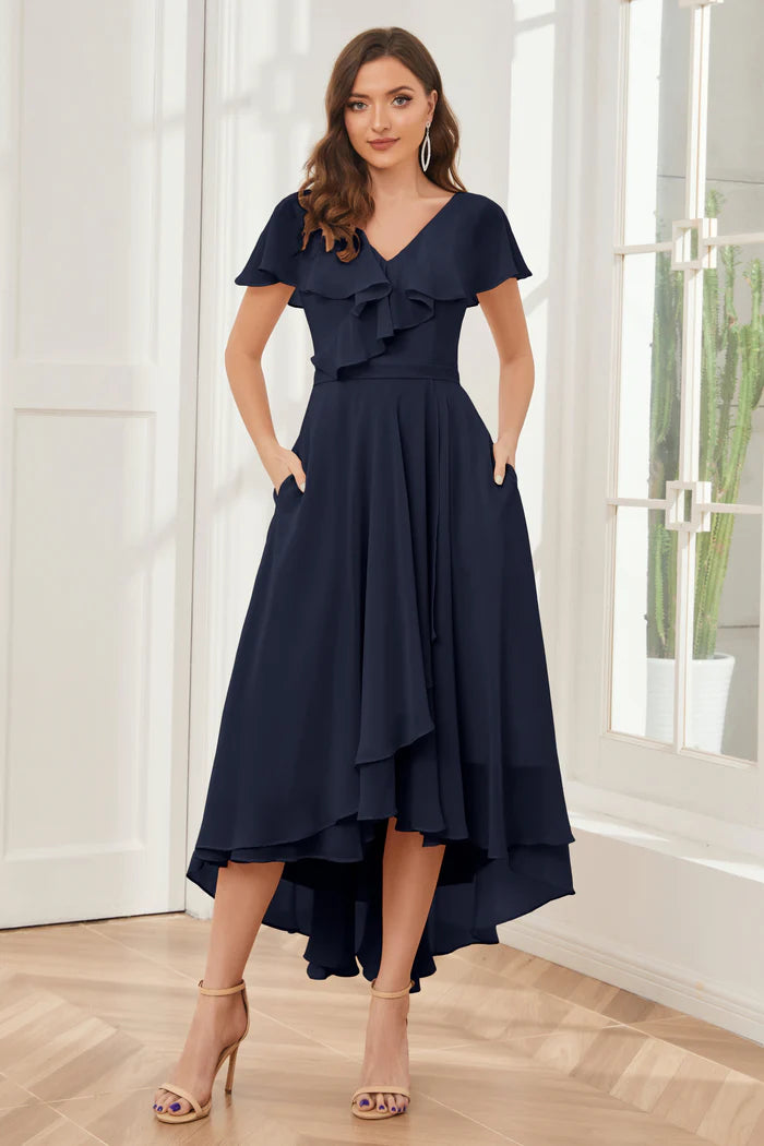Sleek A-Line Deep V-Neck Flutter-Sleeve Open-Back Navy Chiffon High-Low Bridesmaid Dresses