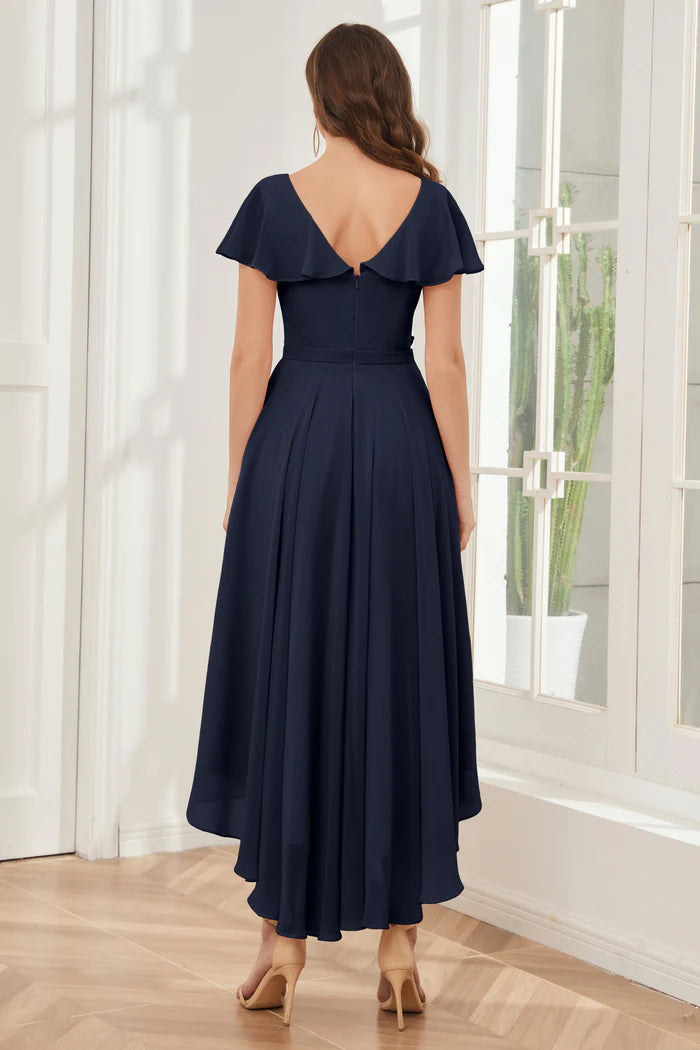 Sleek A-Line Deep V-Neck Flutter-Sleeve Open-Back Navy Chiffon High-Low Bridesmaid Dresses