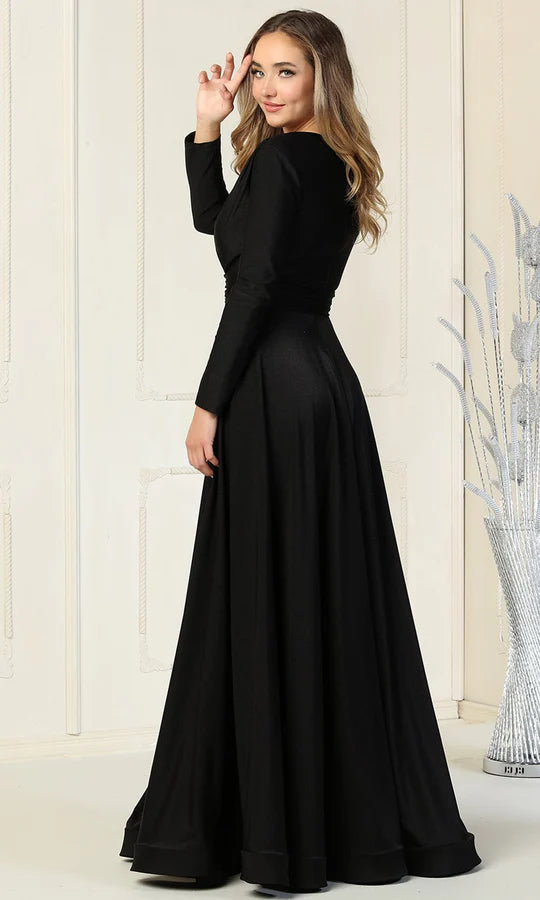 Sleek A-Line Deep-V-Neck Long-Sleeve Open-Back Black Satin Floor-Length Mother of the Bride Dresses