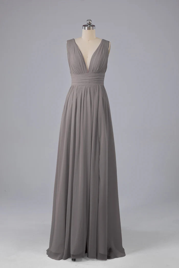 Sleek A-Line Deep-V Sleeveless Plunge-Back Floor-Length Bridesmaid Dresses