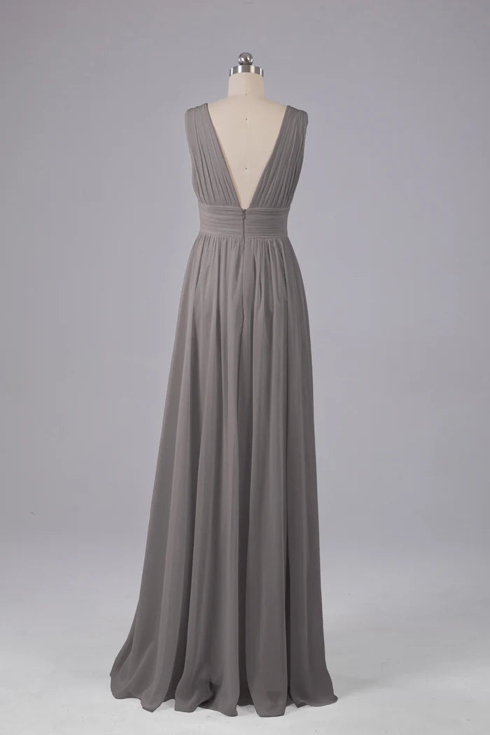 Sleek A-Line Deep-V Sleeveless Plunge-Back Floor-Length Bridesmaid Dresses