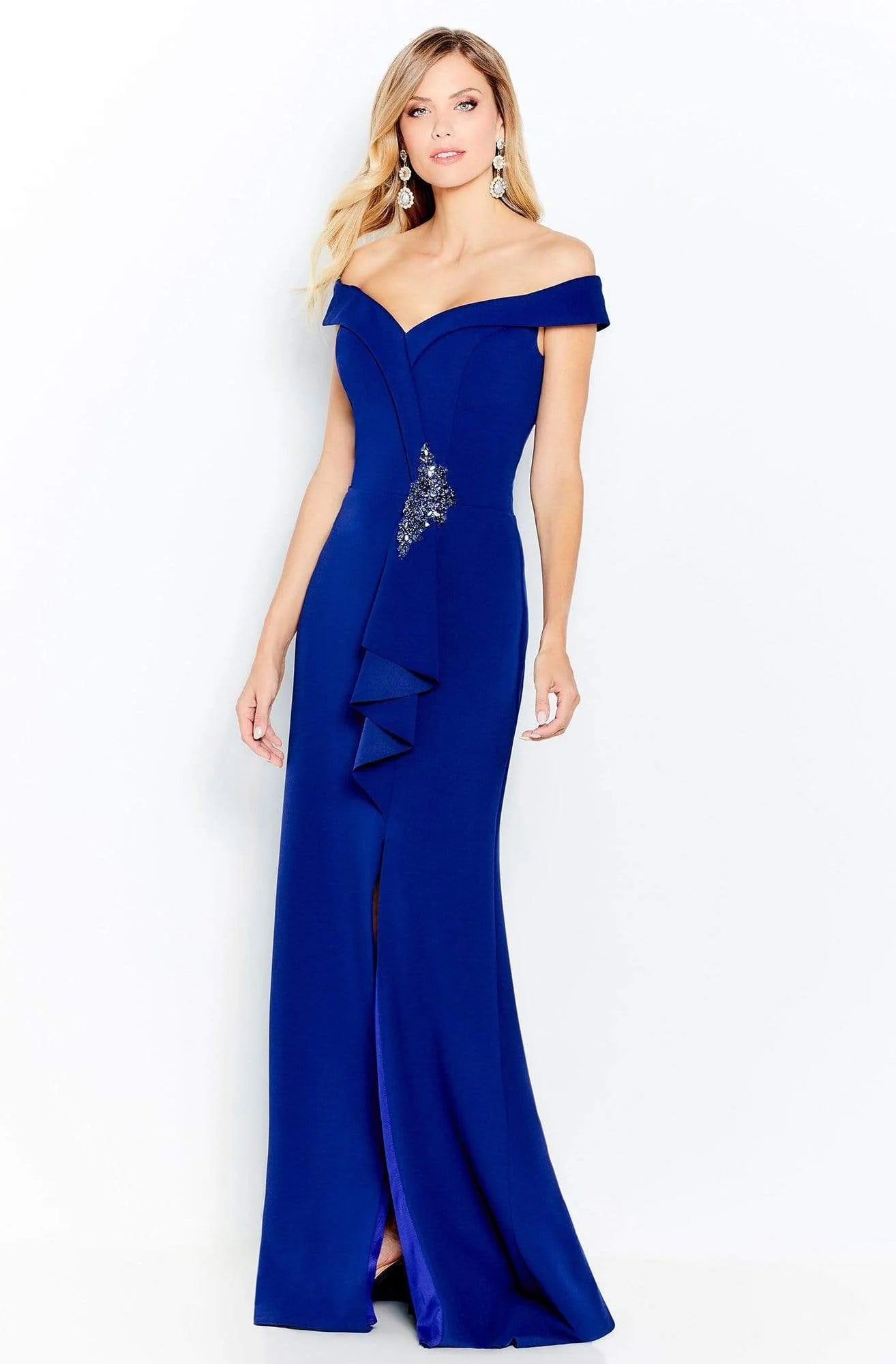 Sleek Mermaid Off-Shoulder Embellished-Back Royal Blue Satin Floor-Length Mother of the Bride Dresses