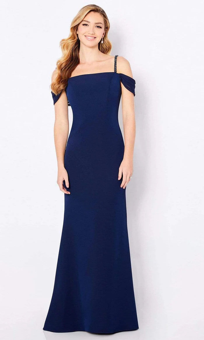 Sleek Mermaid Off-Shoulder Embellished-Strap Draped-Back Navy Crepe Floor-Length Mother of the Bride Dresses