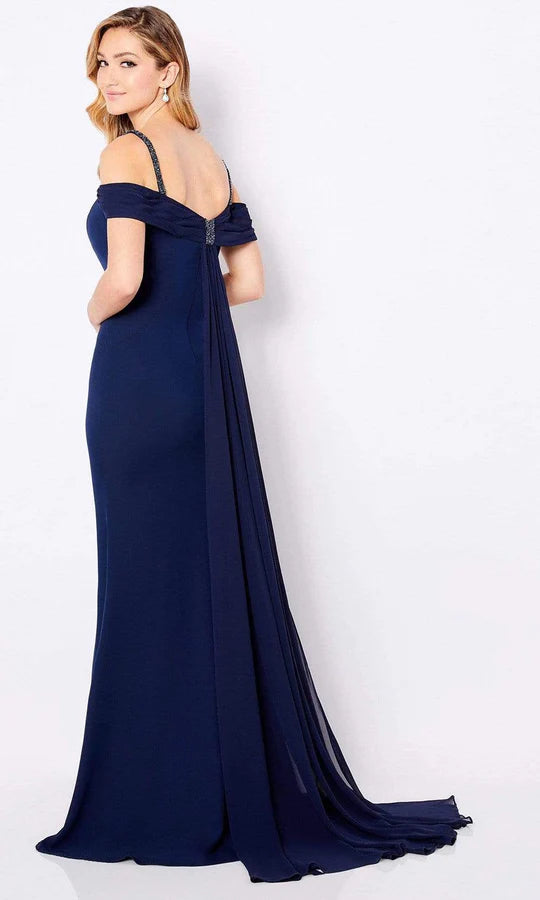 Sleek Mermaid Off-Shoulder Embellished-Strap Draped-Back Navy Crepe Floor-Length Mother of the Bride Dresses