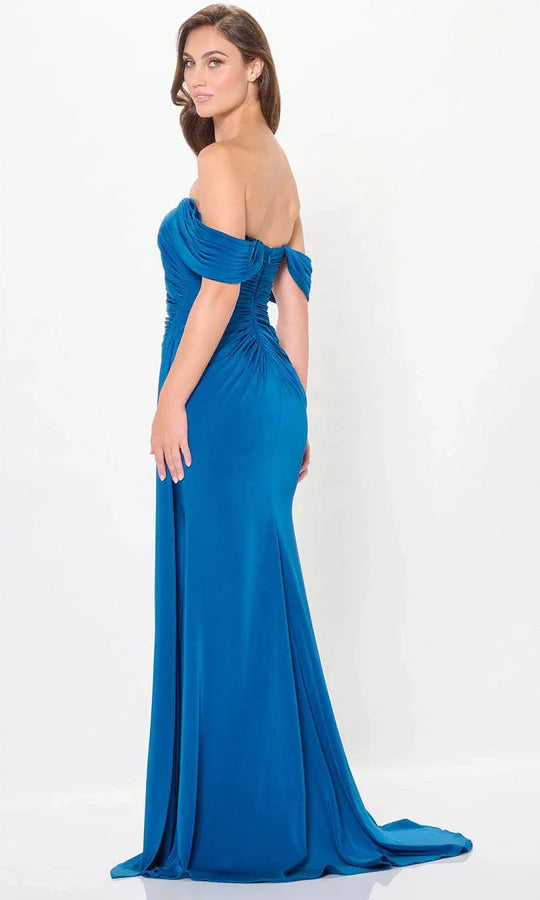 Sleek Mermaid Off-Shoulder Ruched-Back Teal Satin Floor-Length Mother of the Bride Dresses