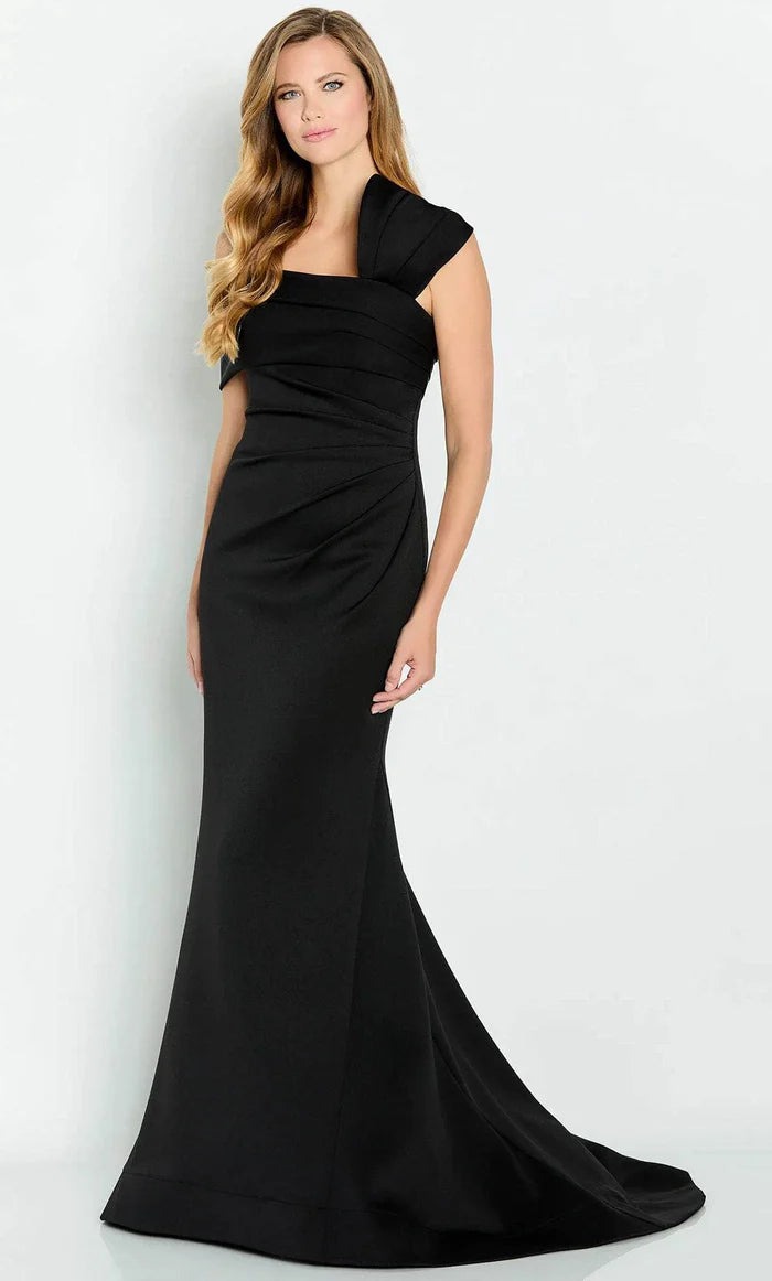 Sleek Mermaid One-Shoulder Open-Back Ruched-Black Satin Train-Floor-Length Mother of the Bride Dresses