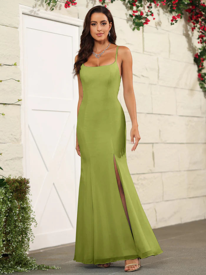 Sleek Mermaid Square-Neck Spaghetti-Strap Cross-Back High-Slit Floor-Length Bridesmaid Dresses