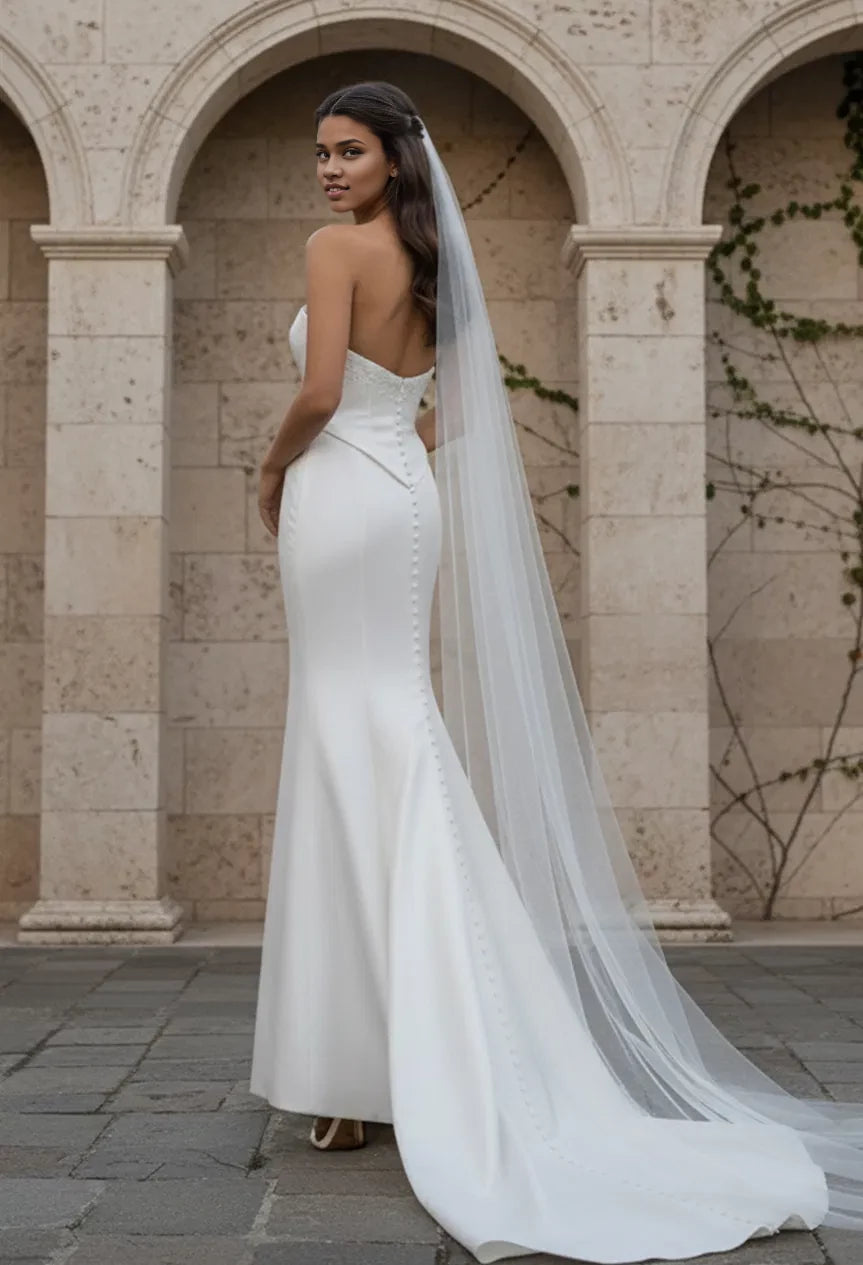 Sleek Mermaid Strapless Lace-Trim Pearl-Button Back Train Length Wedding Dresses