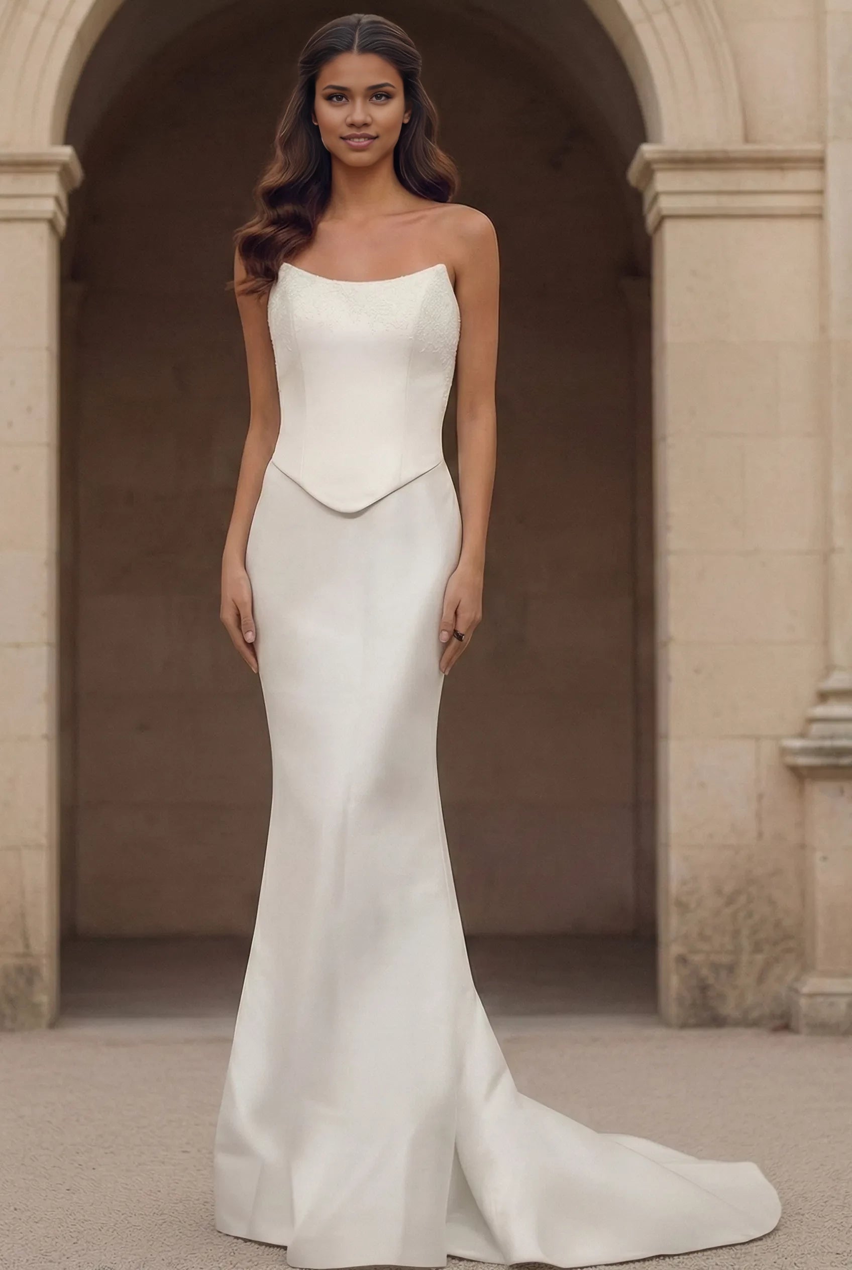 Sleek Mermaid Strapless Lace-Trim Pearl-Button Back Train Length Wedding Dresses