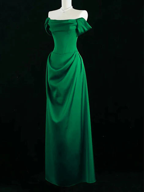 Sleek Sheath Off-Shoulder Satin Ruffled-Sleeve Ruched-Bodice Floor-Length Evening Dresses