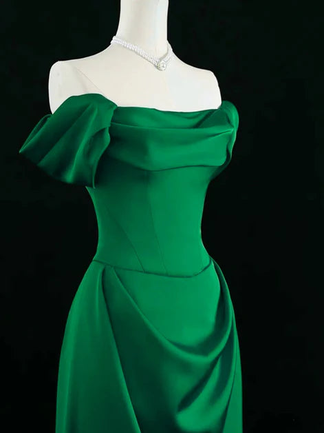 Sleek Sheath Off-Shoulder Satin Ruffled-Sleeve Ruched-Bodice Floor-Length Evening Dresses