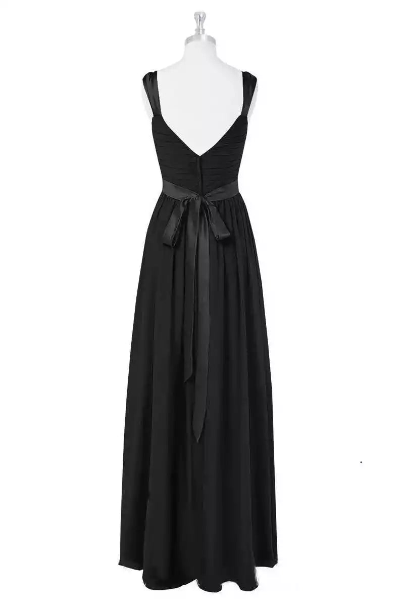 Sleek Black Chiffon Gown with Deep V-Back & Satin Bow Waist