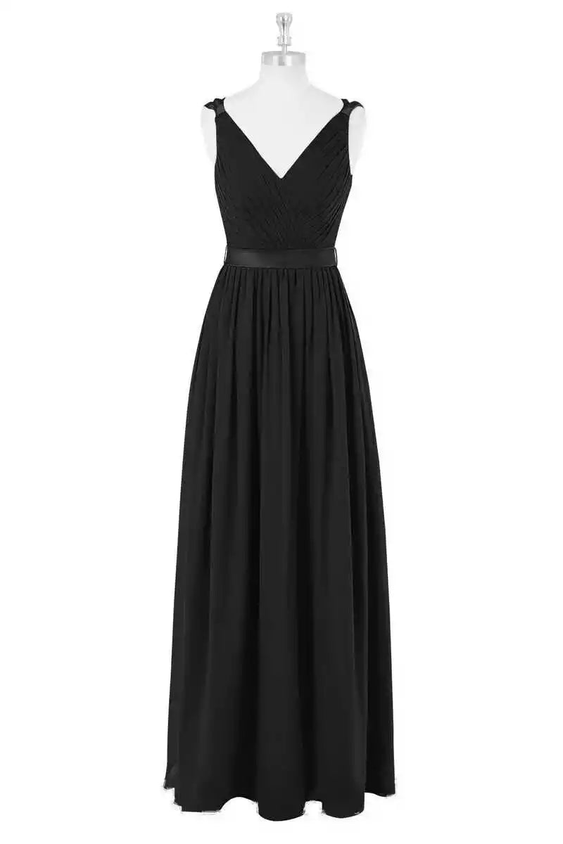 Sleek Black Chiffon Gown with Deep V-Back & Satin Bow Waist