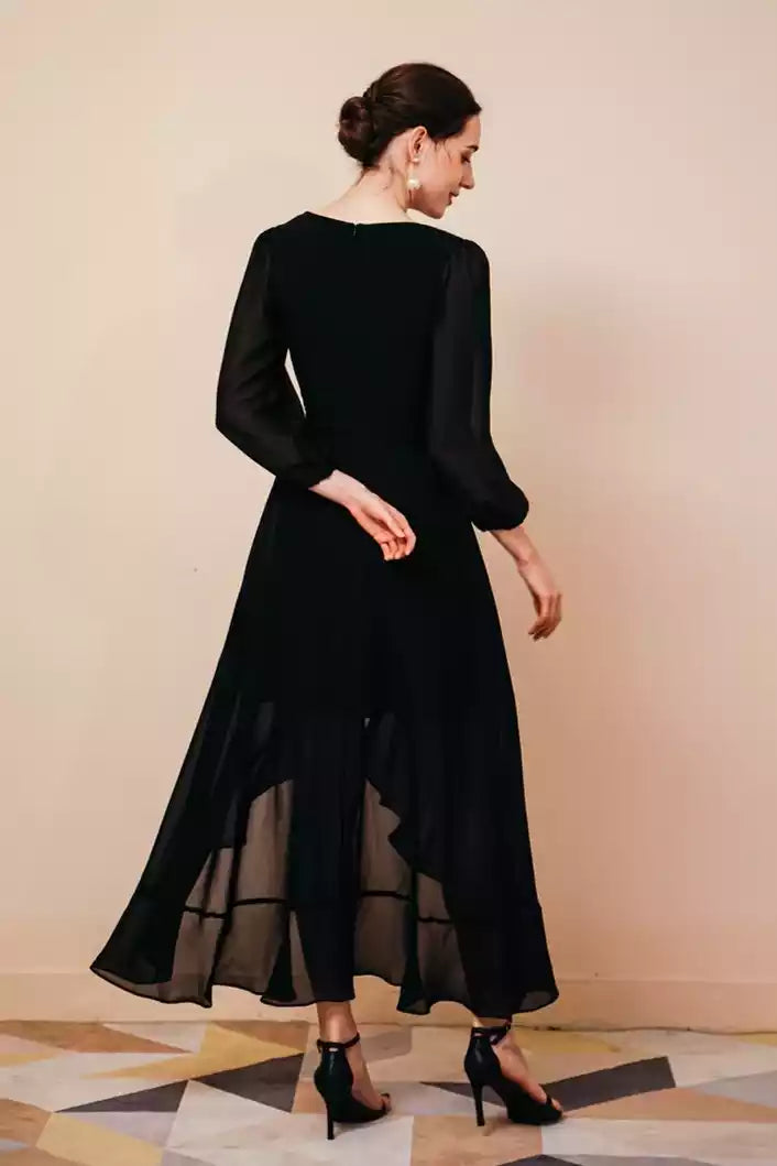 Sleek Black Chiffon Wrap Gown with Long Puff Sleeves & Asymmetrical Hem