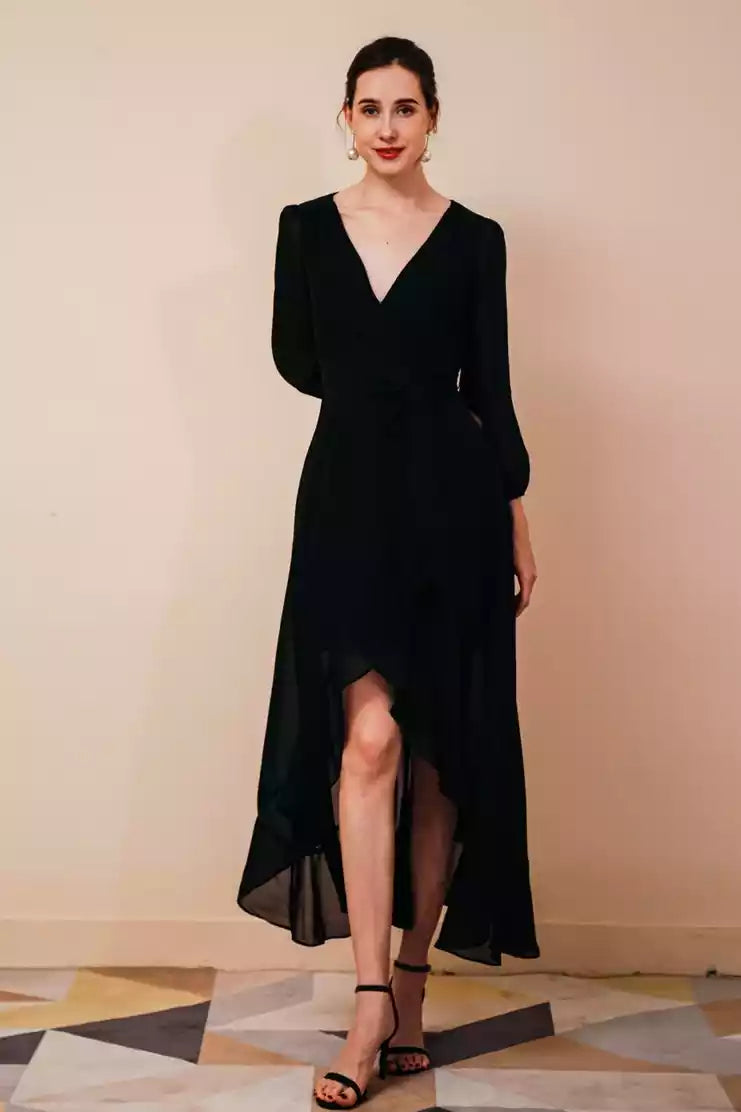 Sleek Black Chiffon Wrap Gown with Long Puff Sleeves & Asymmetrical Hem