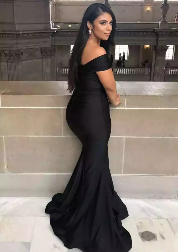 Sleek Black Mermaid Gown with Off-the-Shoulder Neckline & Train