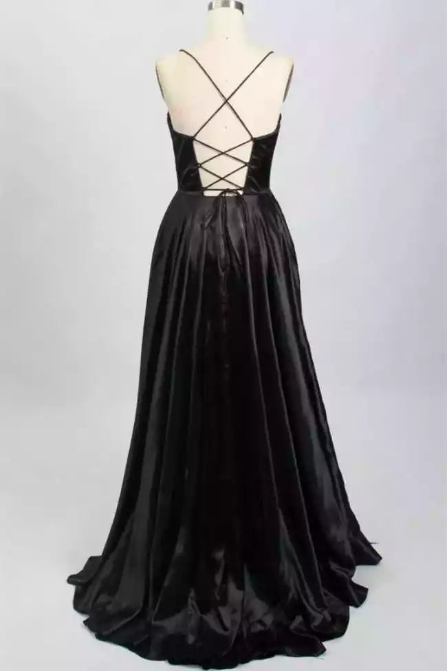 Sleek Black Satin A-Line Gown with Crisscross Lace-Up Back & Spaghetti Straps