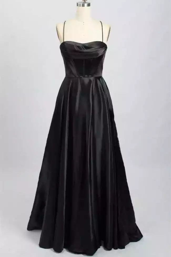 Sleek Black Satin A-Line Gown with Crisscross Lace-Up Back & Spaghetti Straps