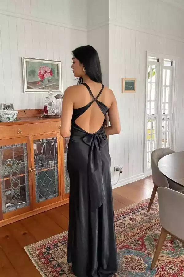 Sleek Black Satin Gown with Crisscross Open Back & Deep V-Neck