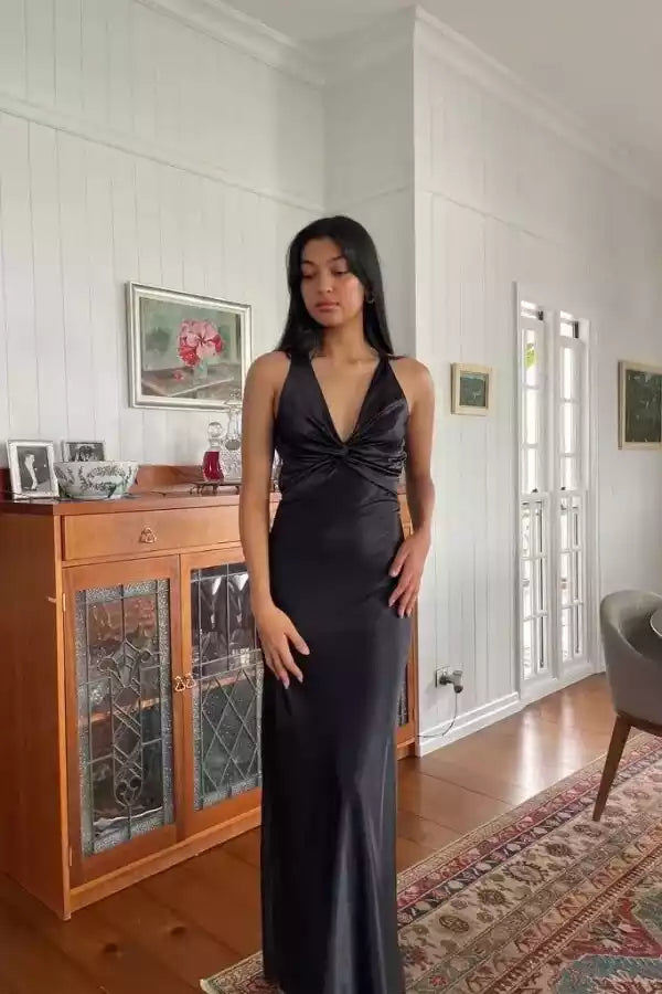 Sleek Black Satin Gown with Crisscross Open Back & Deep V-Neck