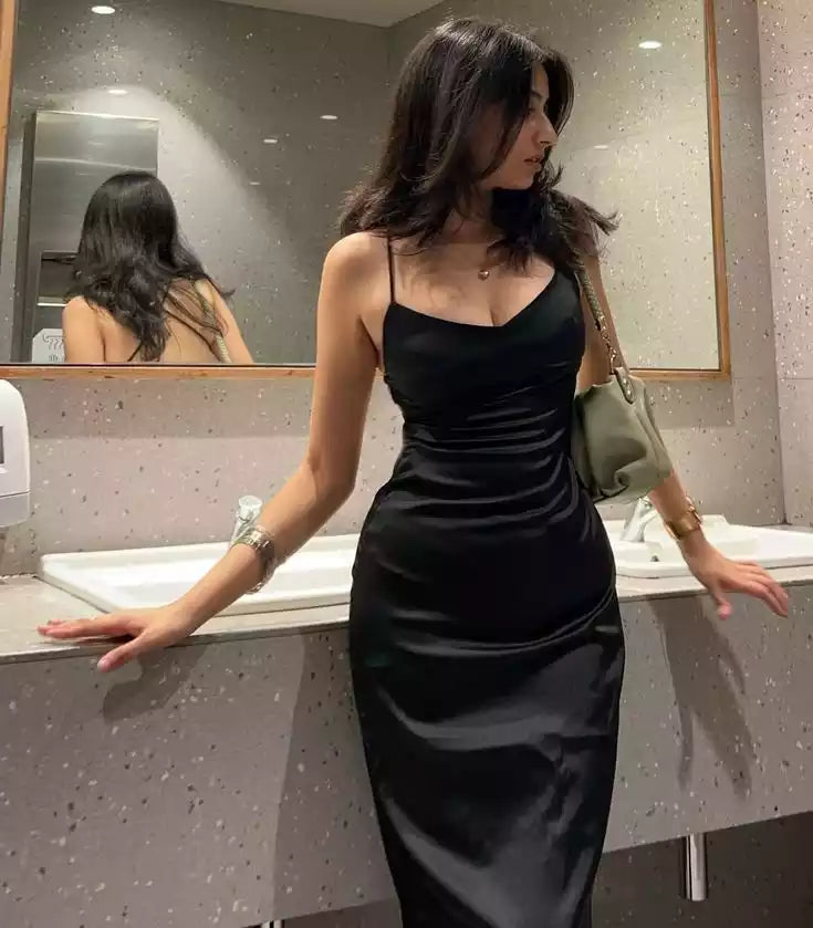 Sleek Black Satin Gown with Crisscross Open Back & Plunging V-Neck