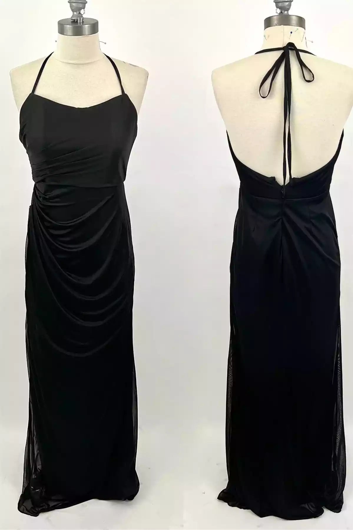 Sleek Black Satin Gown with Halter Neck & Draped Ruched Detail