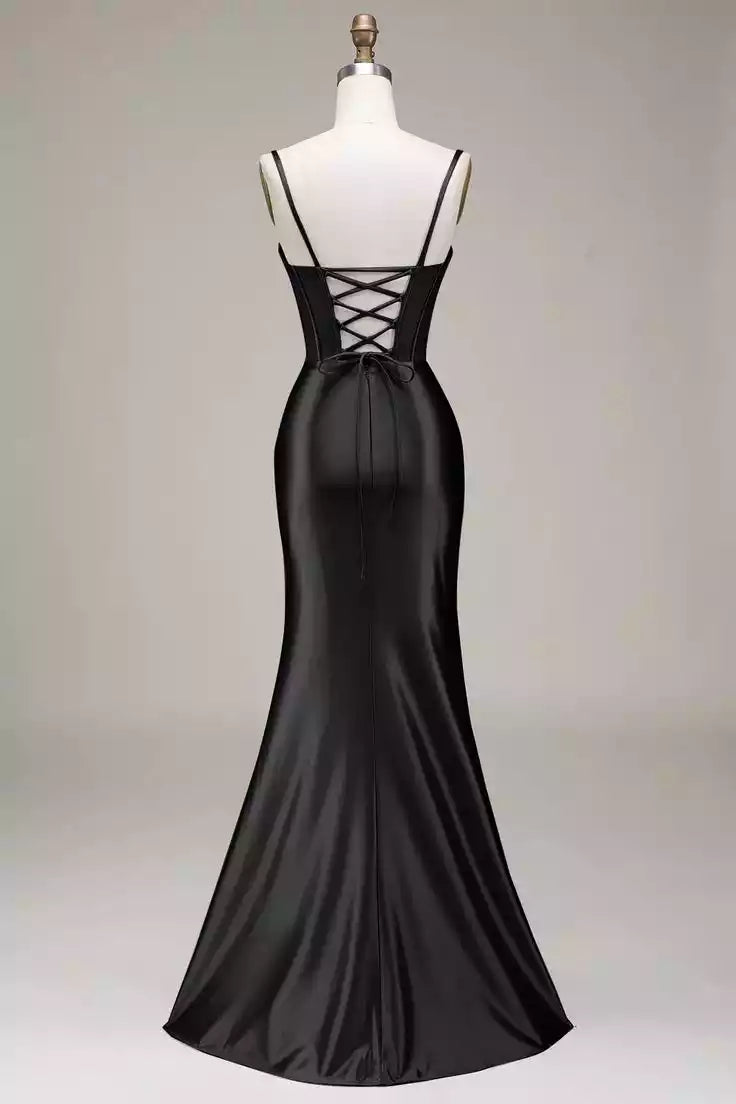 Sleek Black Satin Mermaid Gown with Crisscross Lace-Up Back & High Slit