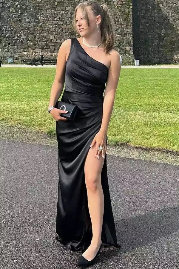 Sleek Black Satin Mermaid Gown with One-Shoulder Neckline & High Slit